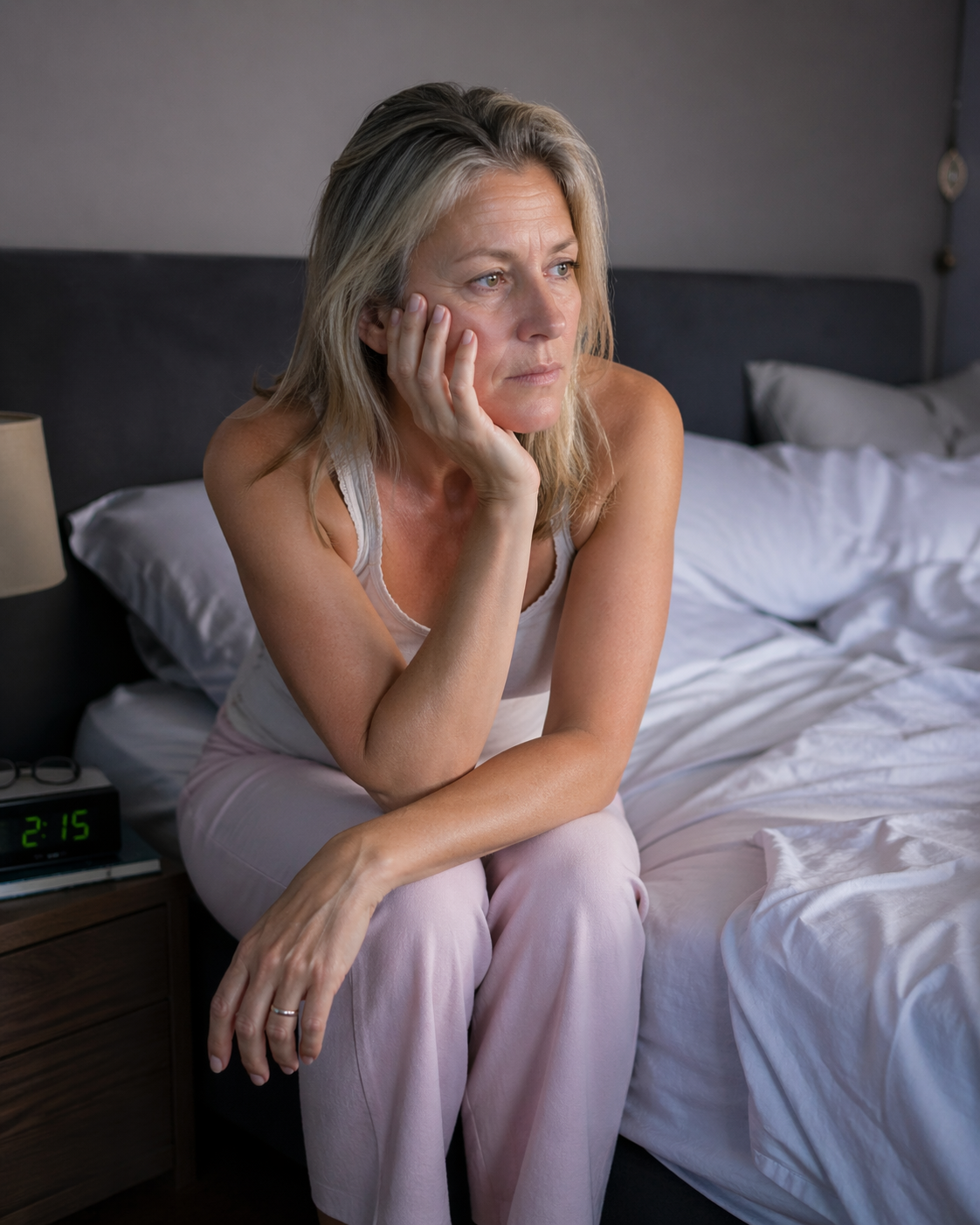 Woman sitting on the edge of her bed at 2:15am, unable to sleep