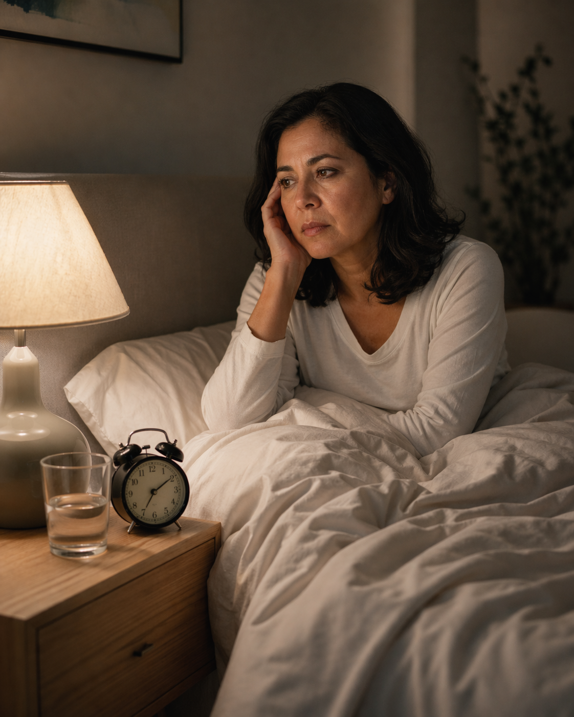 Woman in her late 40s sitting up in bed at night, unable to sleep, lit by a bedside lamp