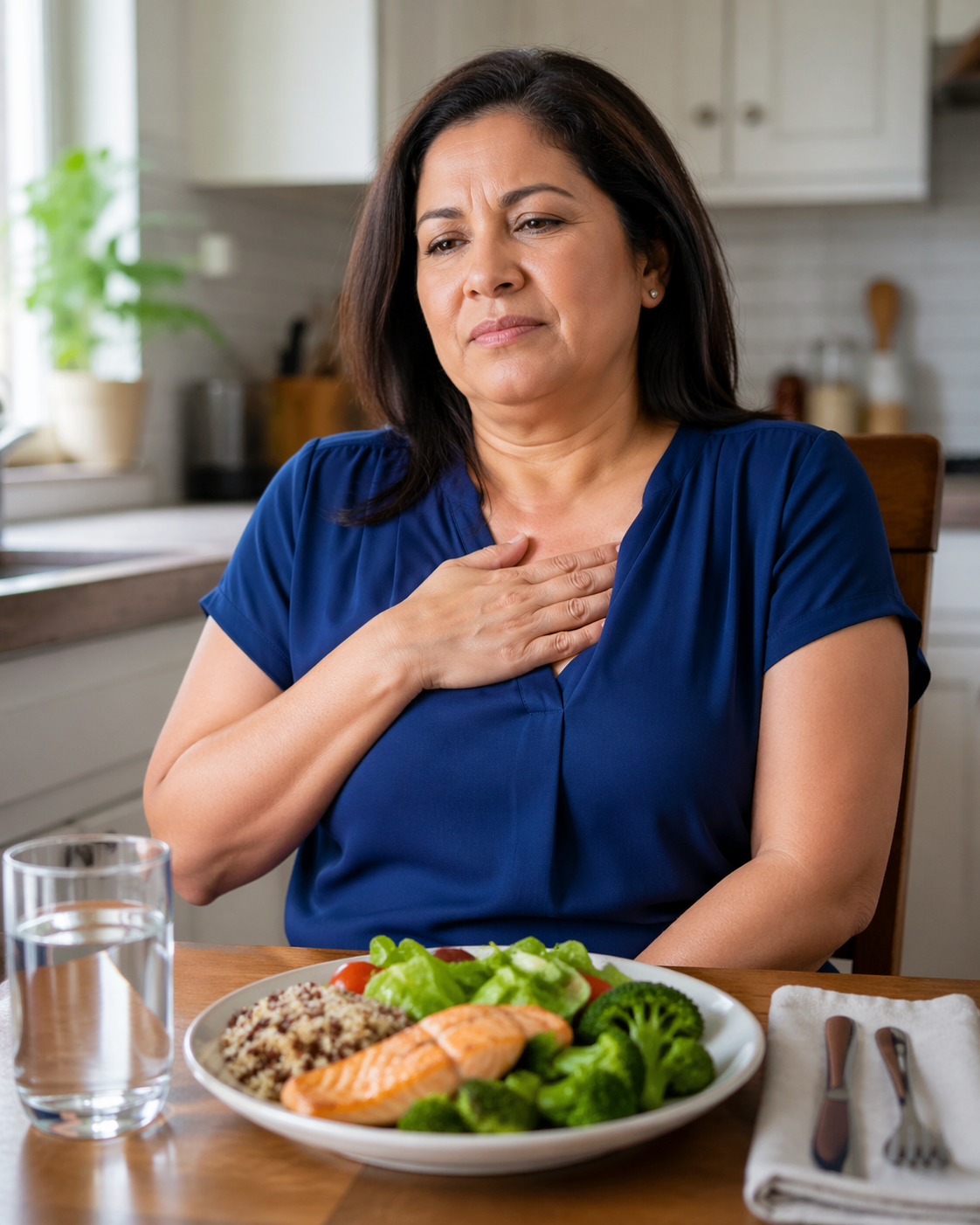 Woman at a dinner table with her hand on her chest, experiencing reflux discomfort