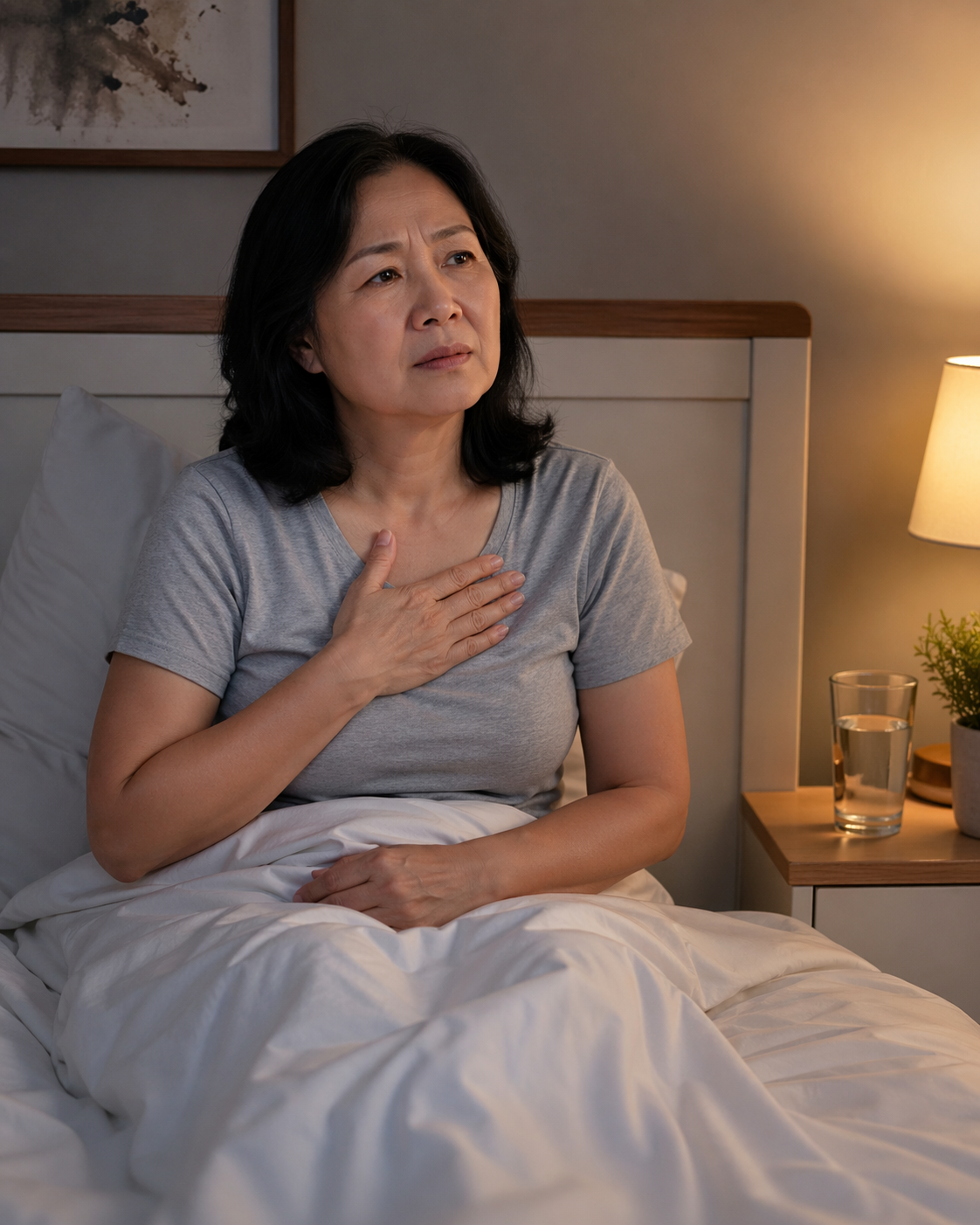 Woman sitting up in bed at night with her hand on her chest, experiencing reflux