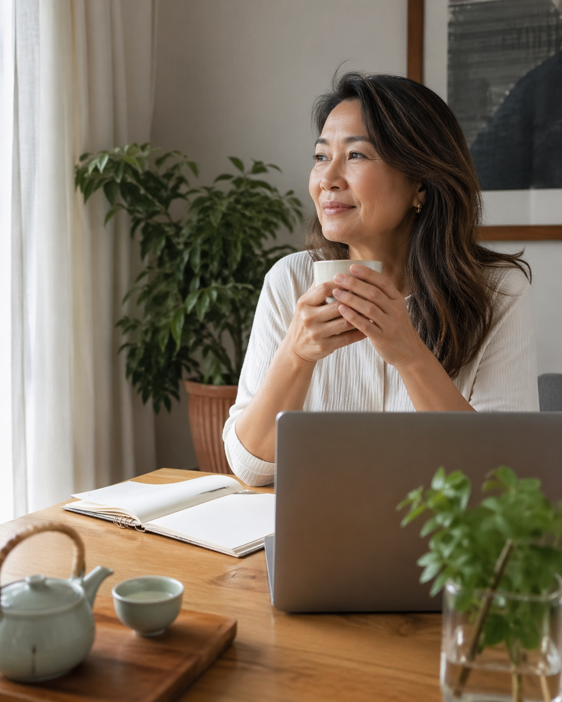 Woman in her 50s smiling thoughtfully with a warm cup of tea at her laptop