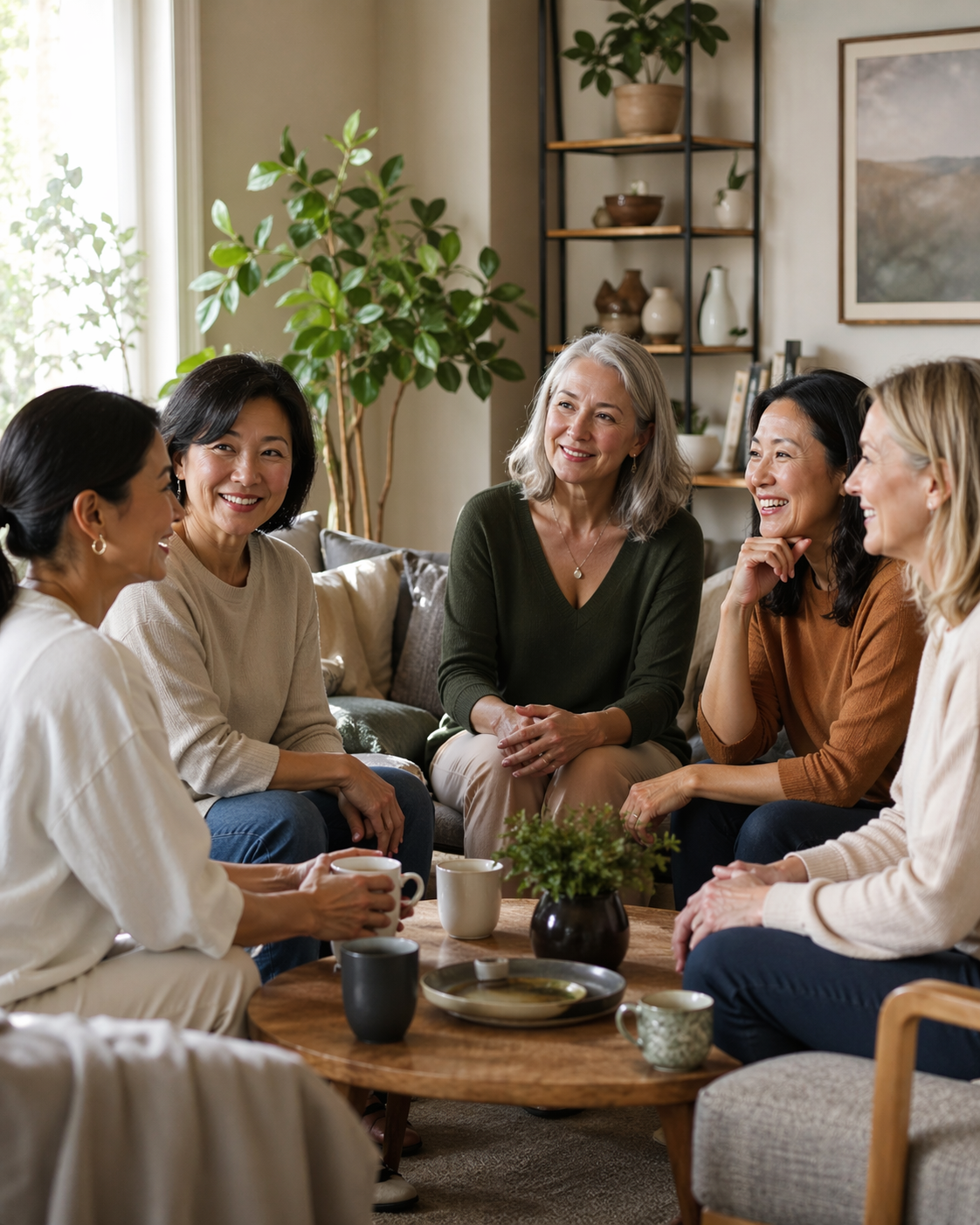 Group of women in their 40s, 50s, and 60s smiling and talking together over tea