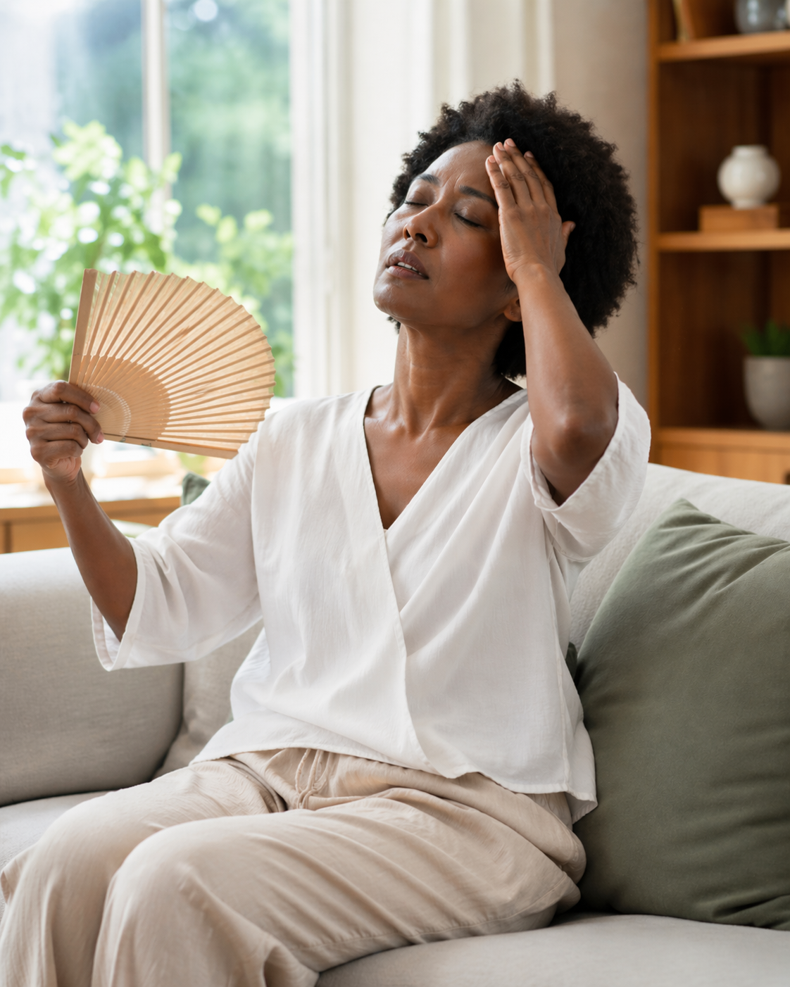 Woman in her 50s cooling herself with a hand fan during a hot flash