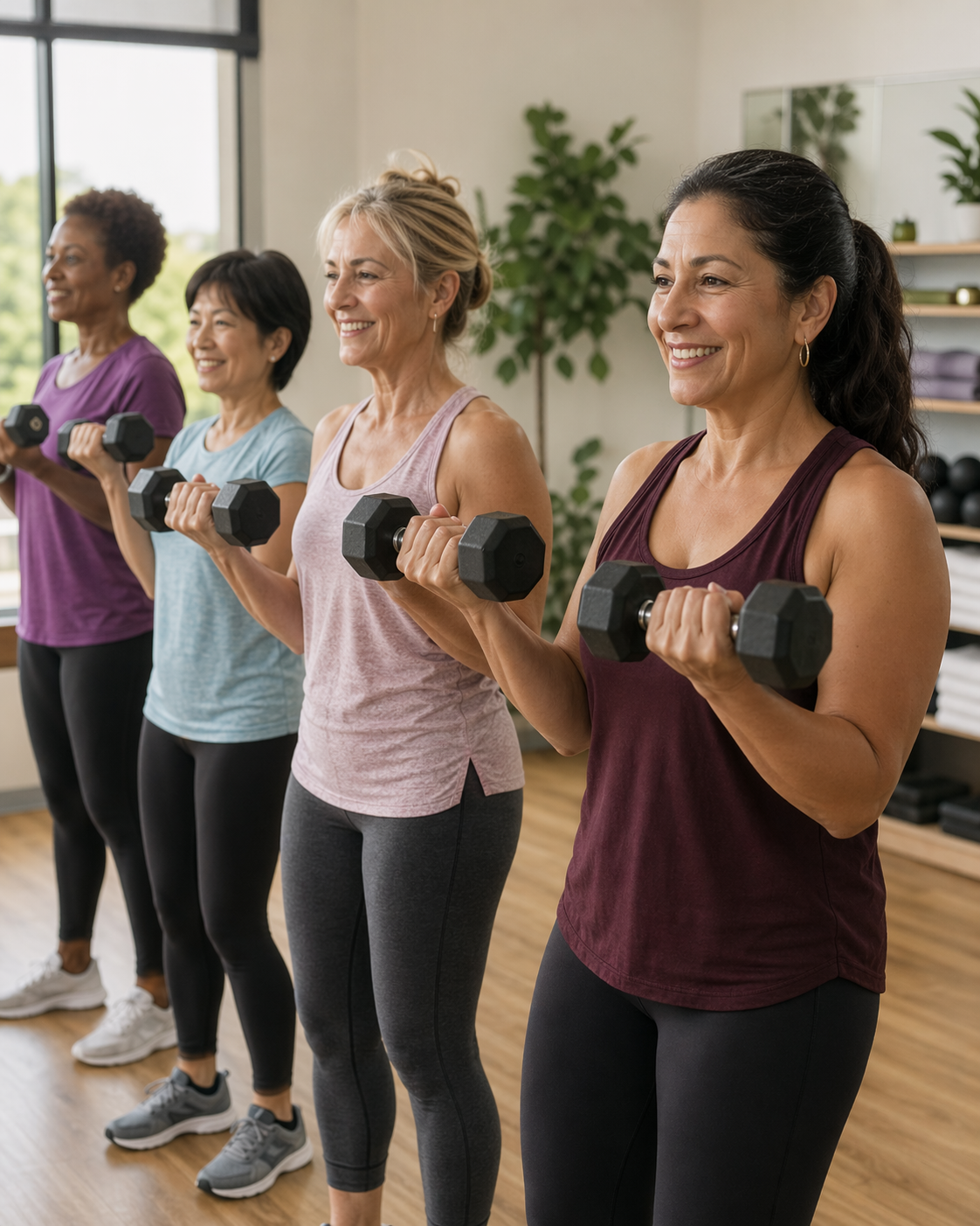Four diverse women in their 40s and 50s strength training with dumbbells