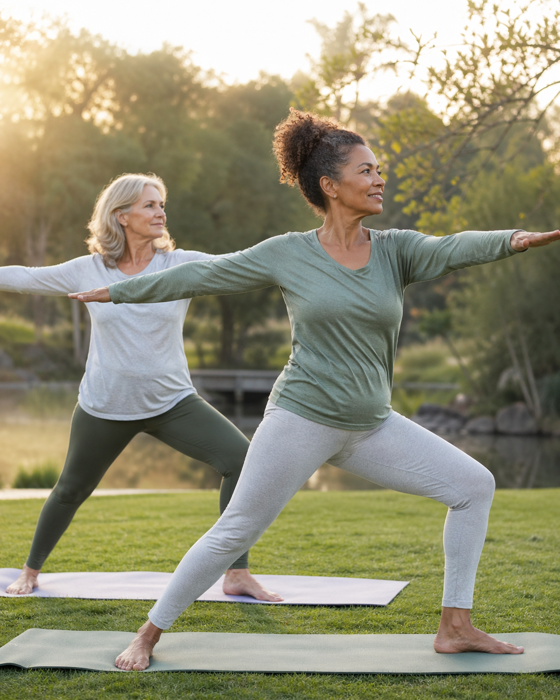 Two women in their 50s practicing warrior pose outdoors at sunrise